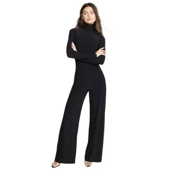 Norma Kamali Long Sleeve Turtleneck Jumpsuit Black Jersey Wide Leg Sz M / 38 - Picture 1 of 6